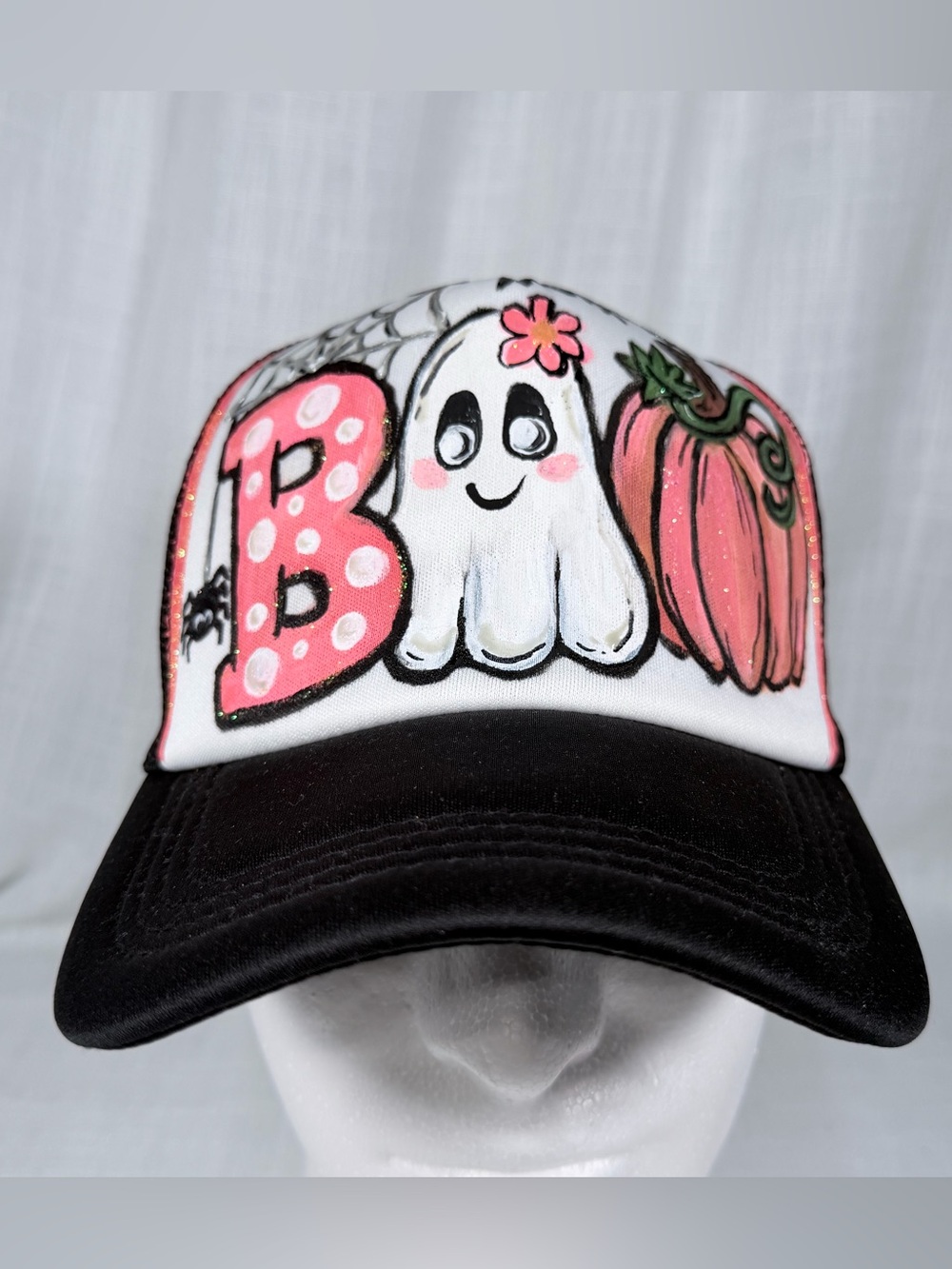 Custom Hand Painted Halloween Boo Ghost Trucker Hat Pink Pumpkin Mesh Cap NWT